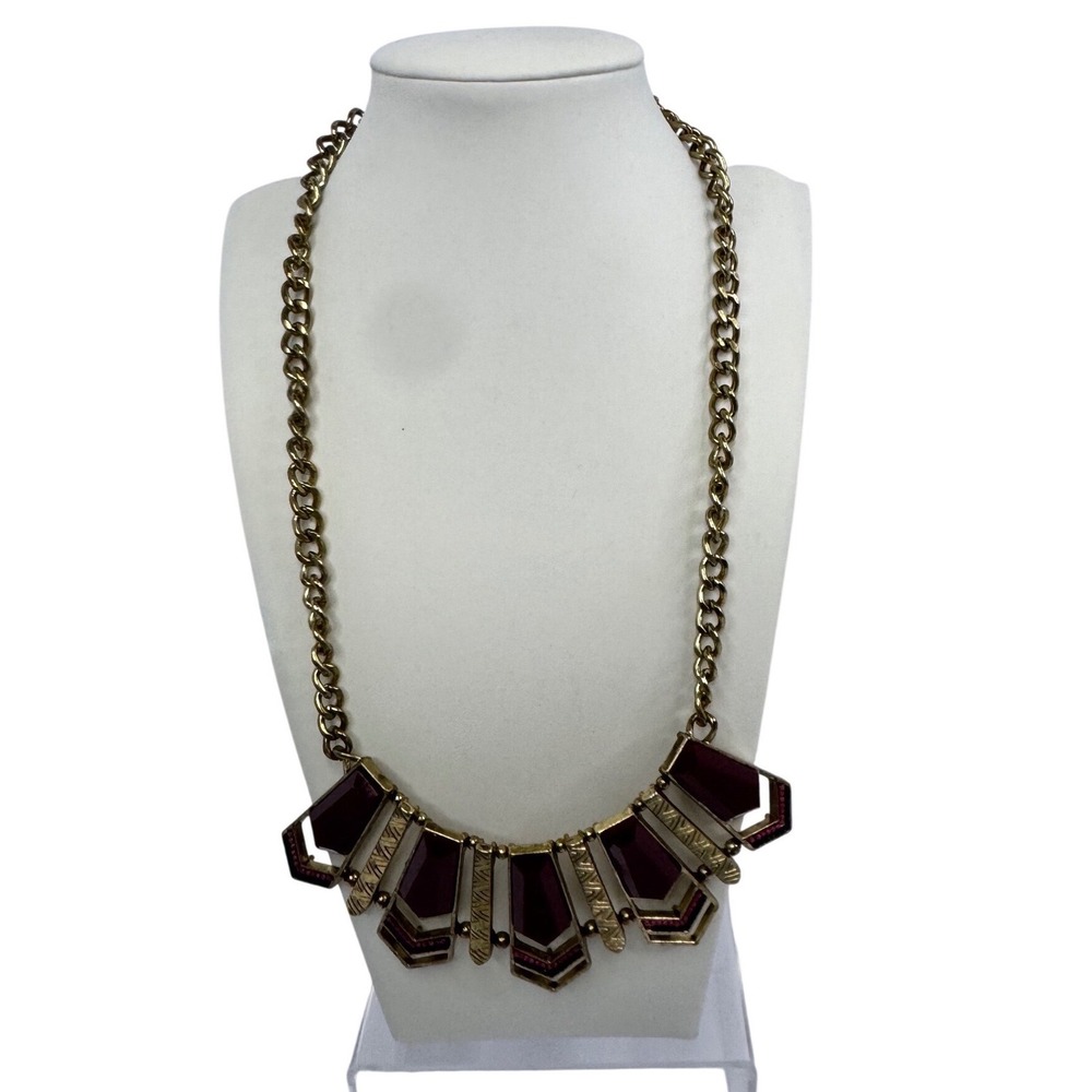Gold Tone Burgundy Geometric Bib‎ Statement Necklace Art Deco Style Vintage Y2K